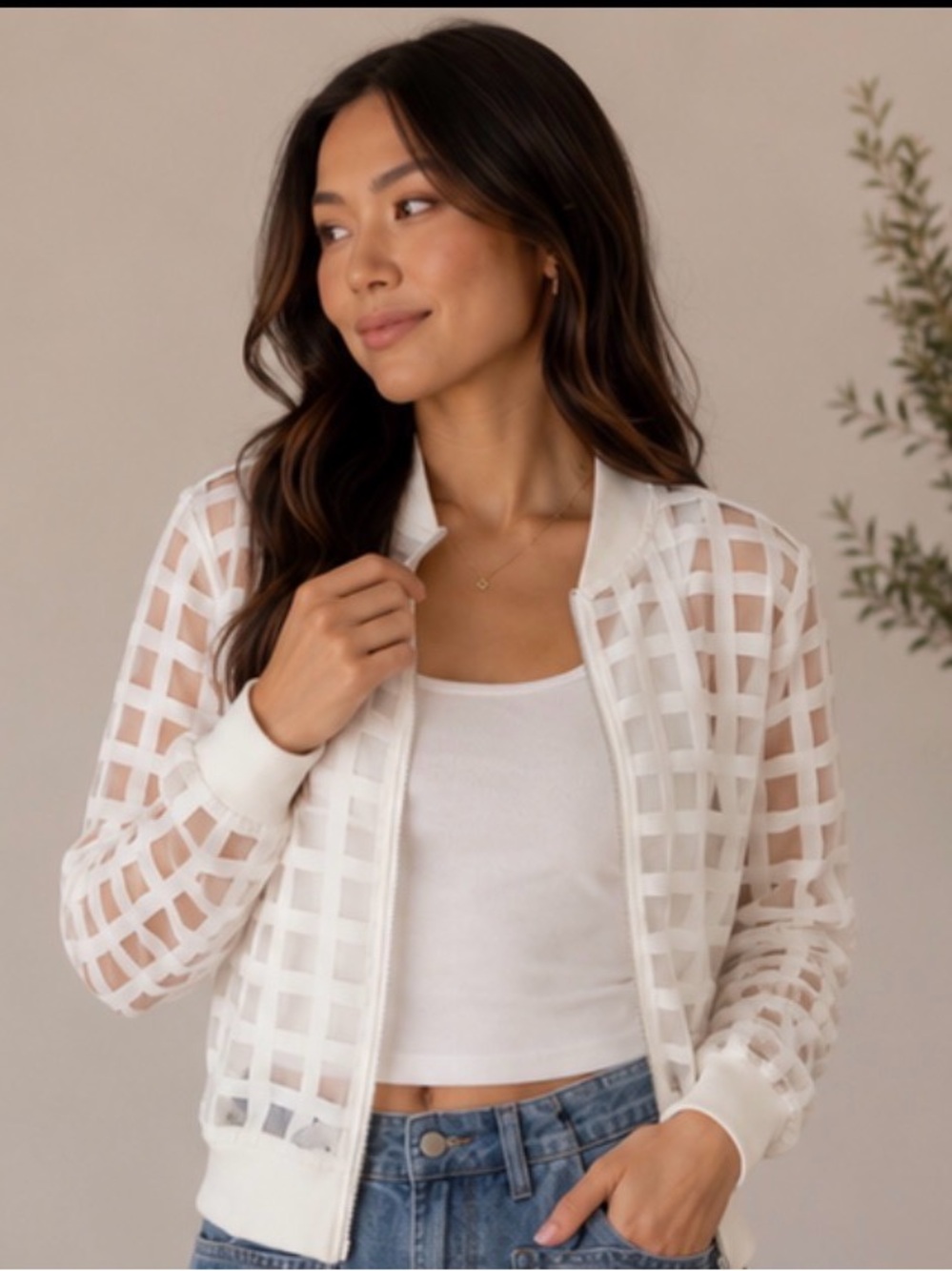 Sheer Grid Bomber Jacket - White